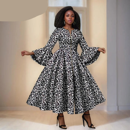 Witte Ankara Jurk met Zwarte Bloemen- Wijde Mouwen &amp; Ritsdetail