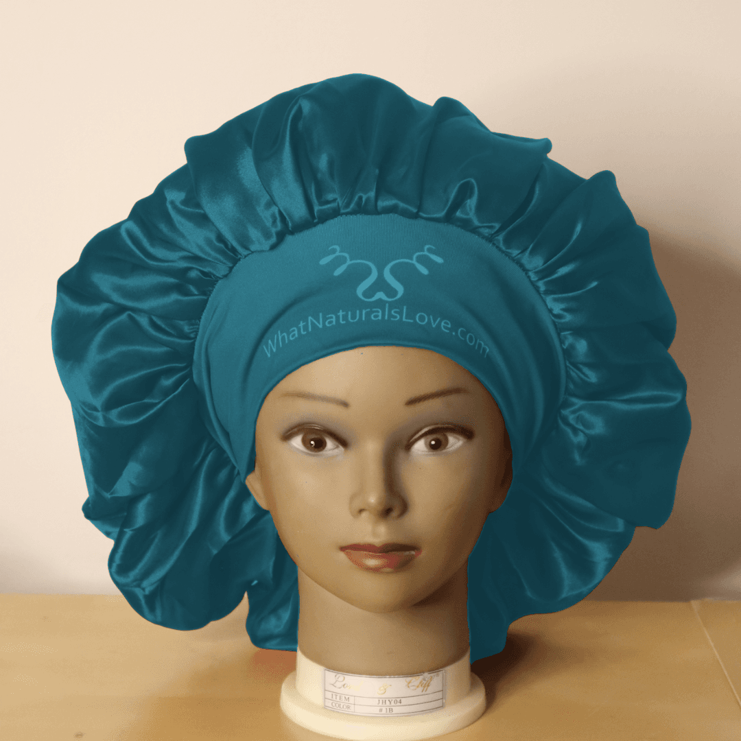 Super Comfi Large Satin Bonnet for Locs in teal blue on a mannequin. Adjustable satin bonnet protects braids, locs, and natural hair while preventing dryness.