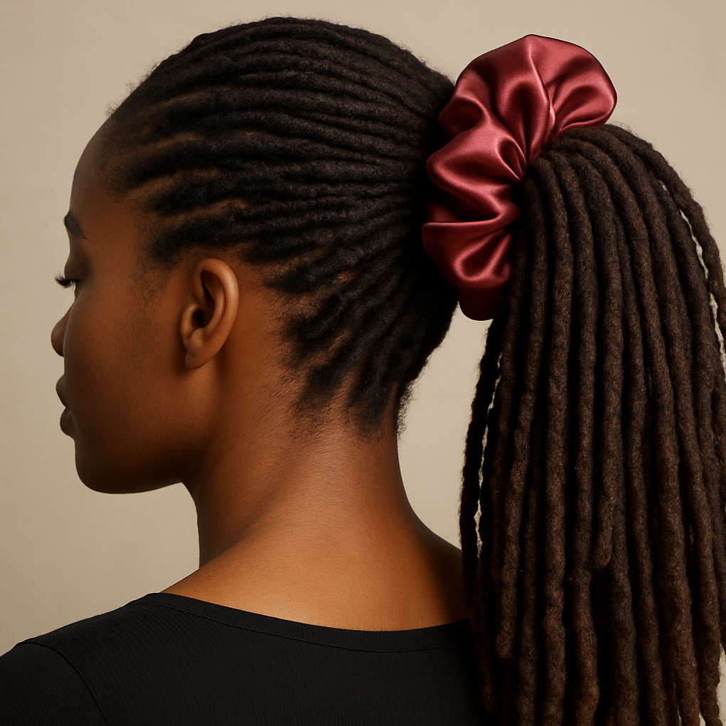 Woman with braided hair tied back with a red satin scrunchie on a beige background