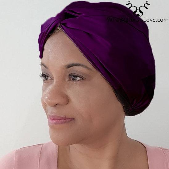 Silk Bonnet Amara De Luxe in rich purple, designed with a twisted front. Made from 100% Mulberry Silk for luxurious hair protection.