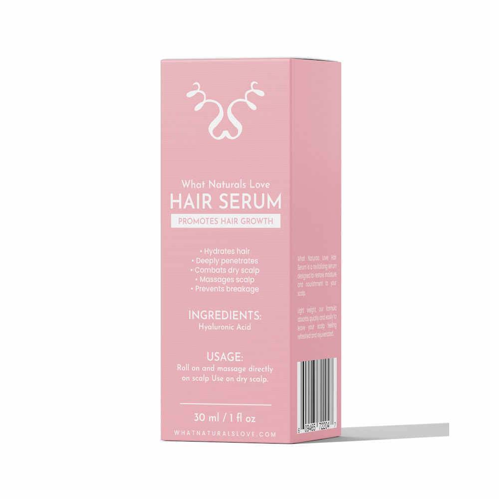What Naturals Love Hair Serum packaging with product details. Promotes hair growth, deeply penetrates scalp, and prevents breakage.