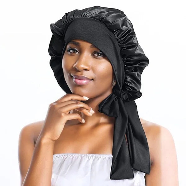 zijden Bonnet in het Zwart– Haarbescherming met Elastische Band